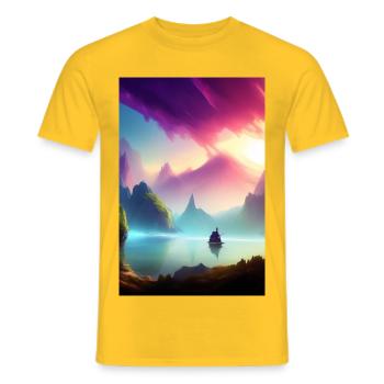 Landscape with lake, boat and mountains - Men's T-Shirt - yellow - Front - AI Model Male 178 dark (178cm)