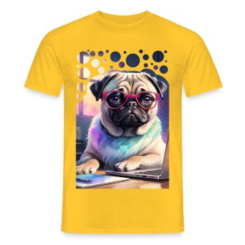 Bürohund Mops mit Laptop und pinker Brille Pop Art - Männer T-Shirt - Gelb - Vorne - AI Model Male 178 dark (178cm)