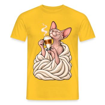 Sphinx Katze mit Latte Macchiato – Katzenkaffee - Männer T-Shirt - Gelb - Vorne - AI Model Male 178 dark (178cm)
