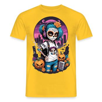 Sugar Skull Girl with Pumpkins - Men's T-Shirt - yellow - Front - AI Model Male 178 dark (178cm)