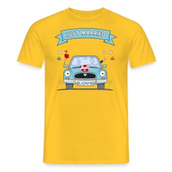 Voiture de mariage juste marié turquoise - T-shirt homme - jaune - Devant - AI Model Male 178 dark (178cm)