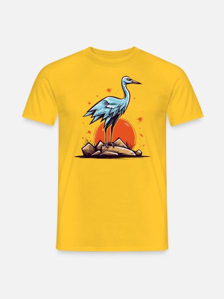 Graureiher oder Storch Vogel und eine rote Sonne - Männer T-Shirt - Gelb