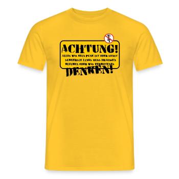 Signe : Attention à penser par vous-même - T-shirt homme - jaune - Devant - AI Model Male 178 dark (178cm)