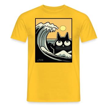 Japan Big Wave Kanagawa Beach Retro Cat - Men's T-Shirt - yellow - Front - AI Model Male 178 dark (178cm)