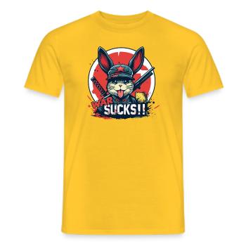 Cartoon Anime Hase Soldat: Krieg ist scheiße - Männer T-Shirt - Gelb - Vorne - AI Model Male 178 dark (178cm)