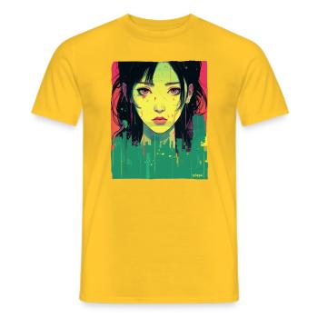 Traurige Stadt Kunst: Japanische Frau Illustration - Männer T-Shirt - Gelb - Vorne - AI Model Male 178 dark (178cm)
