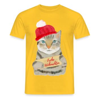 Süße Katze wünscht Frohe Weihnachten - Männer T-Shirt - Gelb - Vorne - AI Model Male 178 dark (178cm)