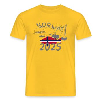 Norwegen 2025 Rotbarsch mit Bergen und Elch Angeln - Männer T-Shirt - Gelb - Vorne - AI Model Male 178 dark (178cm)