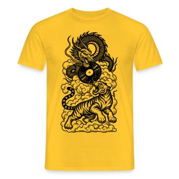 DJ Shirt: Techno Tiger & Dragon in Vinyl Duel - Men's T-Shirt - yellow - Front - AI Model Male 178 dark (178cm)