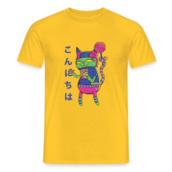 süße verrückte Katze mit Loli abstrakt bunt - Männer T-Shirt - Gelb - Vorne - AI Model Male 178 dark (178cm)