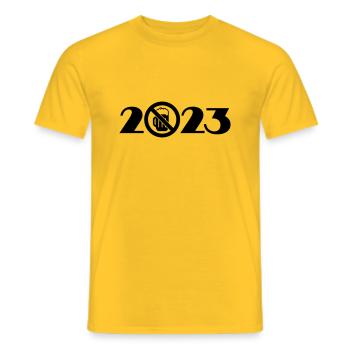Beer ban 2023.Drinking beer banned 2023 - Men's T-Shirt - yellow - Front - AI Model Male 178 dark (178cm)