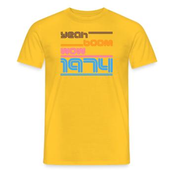 Vintage 1974 Shirt Retro yes Boom Wow - Men's T-Shirt - yellow - Front - AI Model Male 178 dark (178cm)