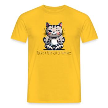 A cat in the lotus position with slogan - Men's T-Shirt - yellow - Front - AI Model Male 178 dark (178cm)