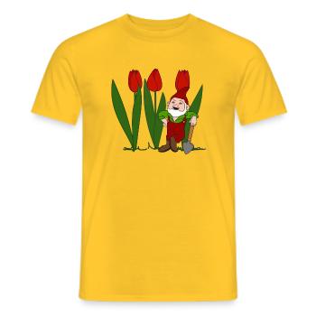 Garden gnome, tulips, spring, garden - Men's T-Shirt - yellow - Front - AI Model Male 178 dark (178cm)