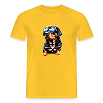 Rottweiler with sunglasses, dog, puppy, dogs - Men's T-Shirt - yellow - Front - AI Model Male 178 dark (178cm)