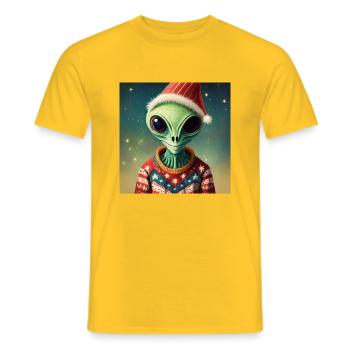 alien- wearing a ugly Christmas sweater - Men's T-Shirt - yellow - Front - AI Model Male 178 dark (178cm)