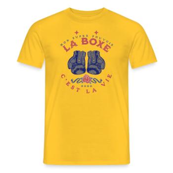 "Mon pouvoir? La Boxe, ma vraie passion!" - T-shirt homme - jaune - Devant - AI Model Male 178 dark (178cm)
