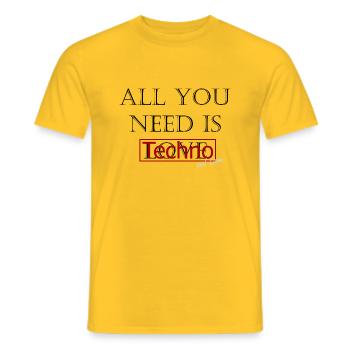 Tout ce dont vous avez besoin, c’est de techno et d’amour - T-shirt homme - jaune - Devant - AI Model Male 178 dark (178cm)