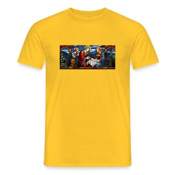 Jesus, Mary, and Joseph. Christian Christmas. Love & Peace - Men's T-Shirt - yellow - Front - AI Model Male 178 dark (178cm)