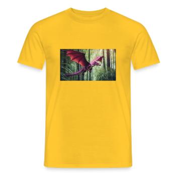 A realistic majestical green dragon is hunting - Men's T-Shirt - yellow - Front - AI Model Male 178 dark (178cm)