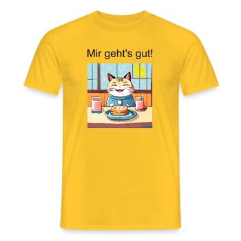 Glückliche Katze beim Essen - Männer T-Shirt - Gelb - Vorne - AI Model Male 178 dark (178cm)