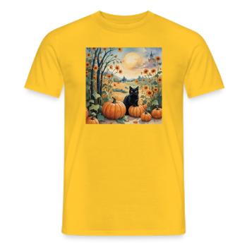 Black Cat with Pumpkins Autumn Halloween - Men's T-Shirt - yellow - Front - AI Model Male 178 dark (178cm)