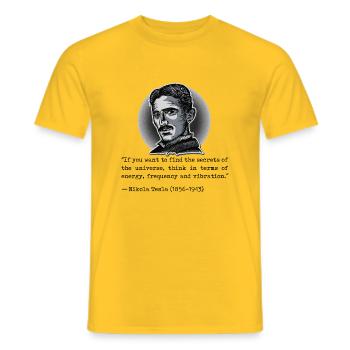 001 Zitat Nikola Tesla secrets of the universe - Männer T-Shirt - Gelb - Vorne - AI Model Male 178 dark (178cm)
