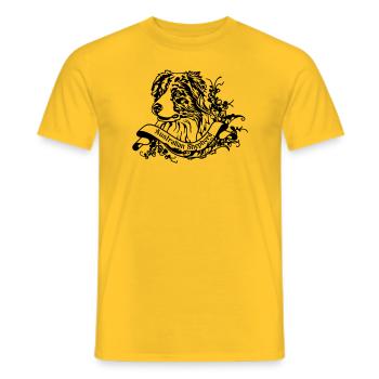 Australian Shepherd an Retro Banner - Men's T-Shirt - yellow - Front - AI Model Male 178 dark (178cm)
