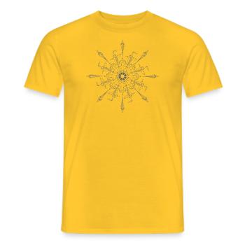 Mandala with houses in patterns. - Men's T-Shirt - yellow - Front - AI Model Male 178 dark (178cm)