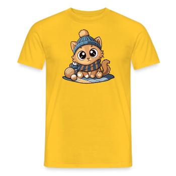Niedliche Katze mit Schal und Pudelmütze. - Männer T-Shirt - Gelb - Vorne - AI Model Male 178 dark (178cm)