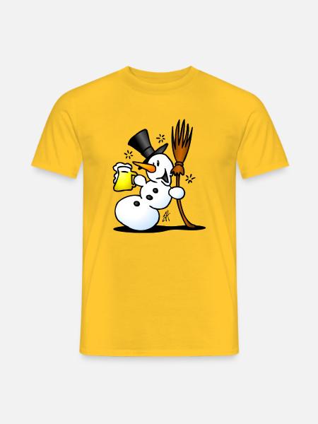 Whimsical Snowman with Beer and Broom - Men's T-Shirt - yellow