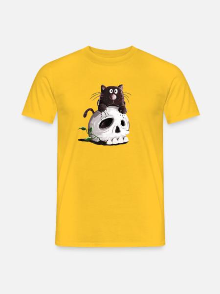 Schwarze Katze und Totenkopf Comic - Männer T-Shirt - Gelb