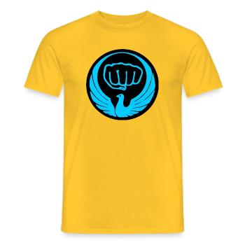 Logo de l’emblème du pigeon Wado bleu - T-shirt homme - jaune - Devant - AI Model Male 178 dark (178cm)