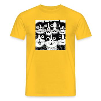 Black and white cats smiling, illustration - Men's T-Shirt - yellow - Front - AI Model Male 178 dark (178cm)