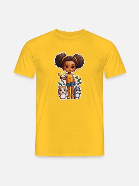 Niedliches Mädchen mit Hamstern und Blumen - Männer T-Shirt - Gelb