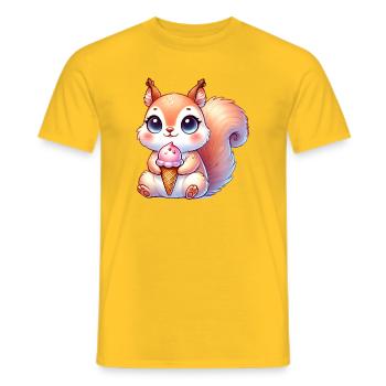 The cute squirrel enjoys a colorful ice cream - Men's T-Shirt - yellow - Front - AI Model Male 178 dark (178cm)