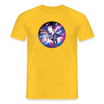 Kosmos-Tierreiter: Katze auf Dino - Männer T-Shirt - Gelb - Vorne - AI Model Male 178 dark (178cm)