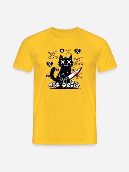 "Süße und böse schwarze Katze - Herzen und Messer" - Männer T-Shirt - Gelb