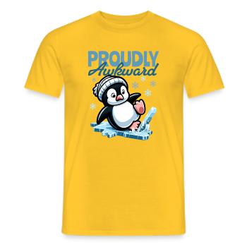 Proudly Awkward – Cute Penguin Slips on the Egg - Men's T-Shirt - yellow - Front - AI Model Male 178 dark (178cm)