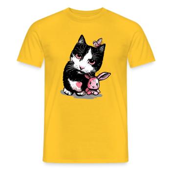 Chat avec lapin en peluche et papillon - T-shirt homme - jaune - Devant - AI Model Male 178 dark (178cm)