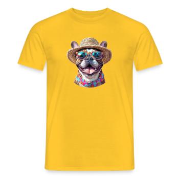 Bulldog with straw hat and sunglasses - Men's T-Shirt - yellow - Front - AI Model Male 178 dark (178cm)