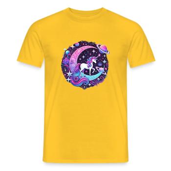 Galactic Unicorn on the Moon.  - Men's T-Shirt - yellow - Front - AI Model Male 178 dark (178cm)