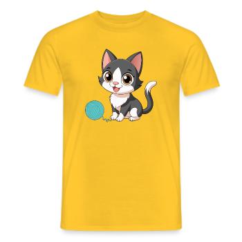 Chaton kawaii noir et blanc avec pelote (v02) - T-shirt homme - jaune - Devant - AI Model Male 178 dark (178cm)