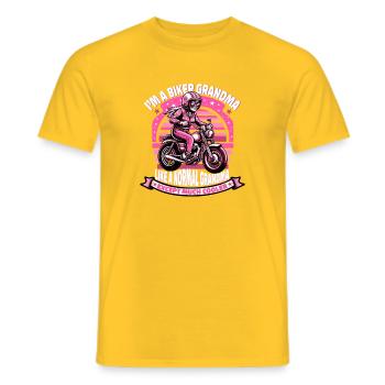 Biker Grandma Cartoon Illustration - Men's T-Shirt - yellow - Front - AI Model Male 178 dark (178cm)