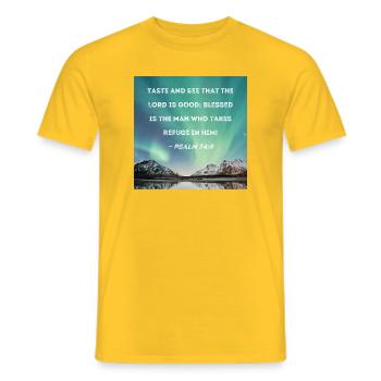 19_Psa_034_008 - Men's T-Shirt - yellow - Front - AI Model Male 178 dark (178cm)
