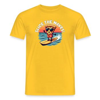 Slice the Waves - Surfing Pizza Cartoon Summer - Men's T-Shirt - yellow - Front - AI Model Male 178 dark (178cm)