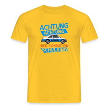 Police car with warning message for school start - Men's T-Shirt - yellow - Front - AI Model Male 178 dark (178cm)