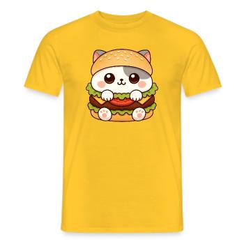 Cute Cat Cartoon Burger Fast Food Lover - Men's T-Shirt - yellow - Front - AI Model Male 178 dark (178cm)
