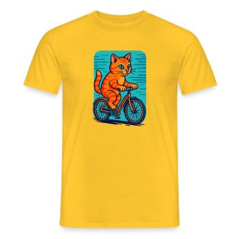 Playful Orange Cat Riding Bicycle Illustration - Men's T-Shirt - yellow - Front - AI Model Male 178 dark (178cm)