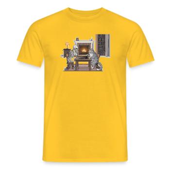 Cozy fireplace room with chess and cat - Men's T-Shirt - yellow - Front - AI Model Male 178 dark (178cm)